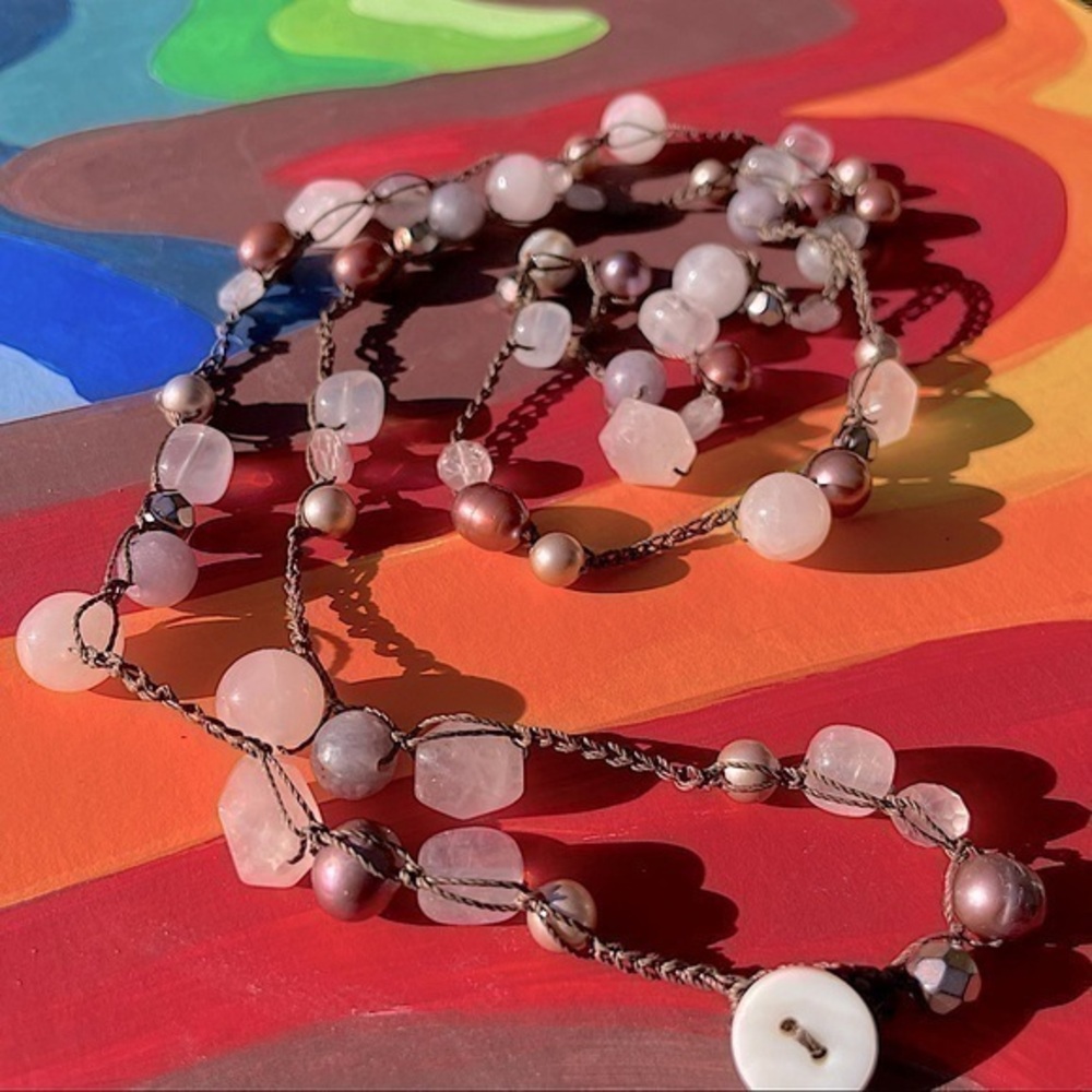 Artisan necklace pearl & rose quartz long necklace